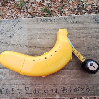 山名板の裏に伝説のヤマッパーさんたちからメッセージ
ペンを持ってくればよかったとこの時点でいつも思う
🍌&NEWアイテムのmont-bell🐻を置いてみた