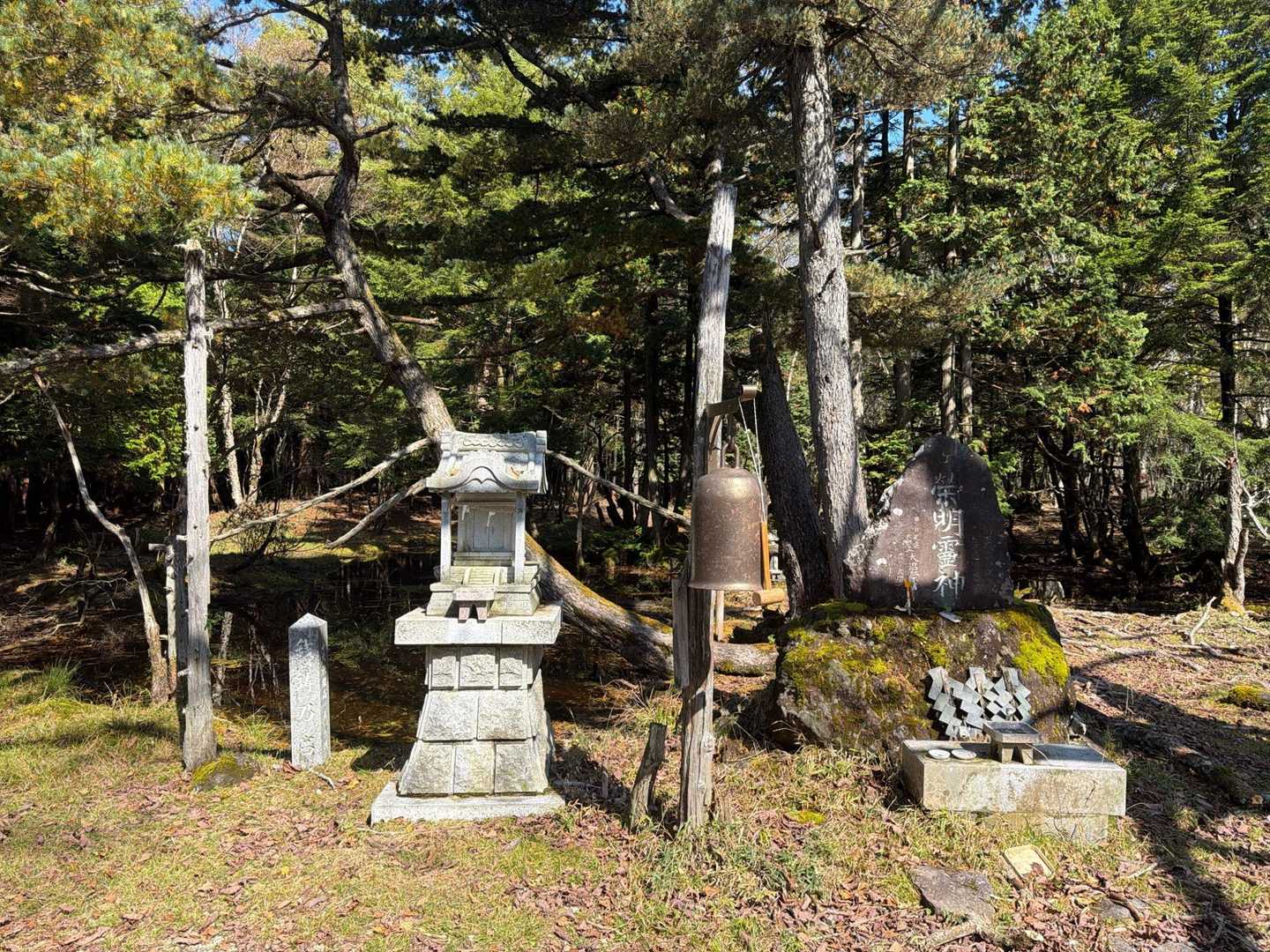弁天沼のところに鳥居と祠　ここが鶏頂山と釈迦ヶ岳の分岐です。