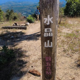 ほほ〜！
水晶山山頂です😊
愛知県にも同じ名前の山があちこちにあります！
標高459㍍！
楽々コースで着ちゃいましたね。
ココで早目のお昼を頂きましょう!