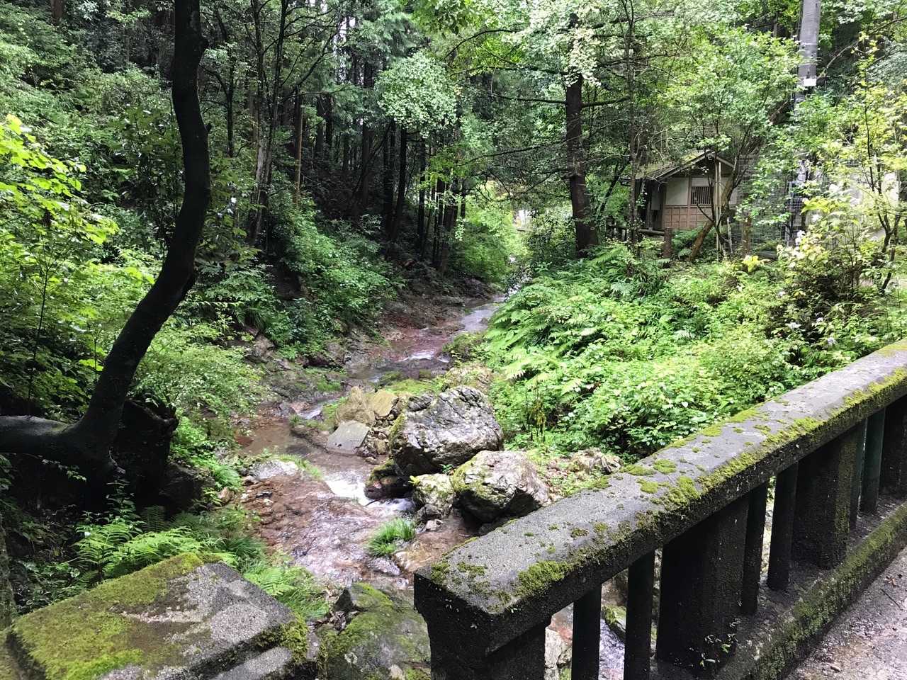 苔むした石の欄干と渓流がいい感じ。