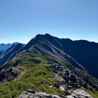 近くに見えるアサヨ峰ですが、栗沢山から1時間かかります。岩場、鎖場ありのコースです。