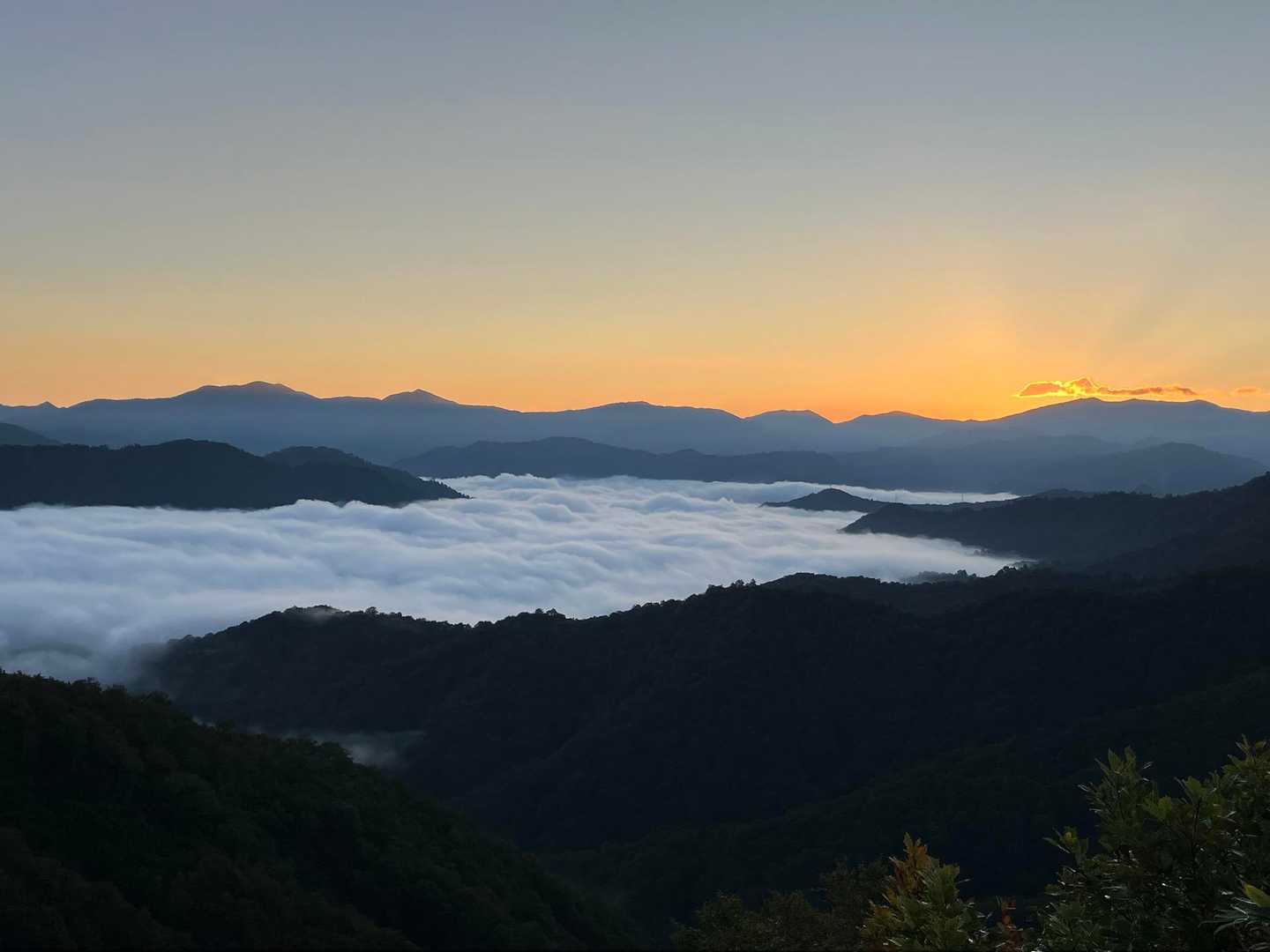 AM2時過ぎに銀山平P到着。ラスト１台でなんとか止められた。
早速雲海がお出迎え☺