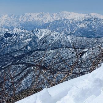 唐松岳〜白馬三山〜雪倉岳アップで
手前の尾根は東山〜天狗の鼻〜中西山
高妻山・山頂直下の岩場🪨から