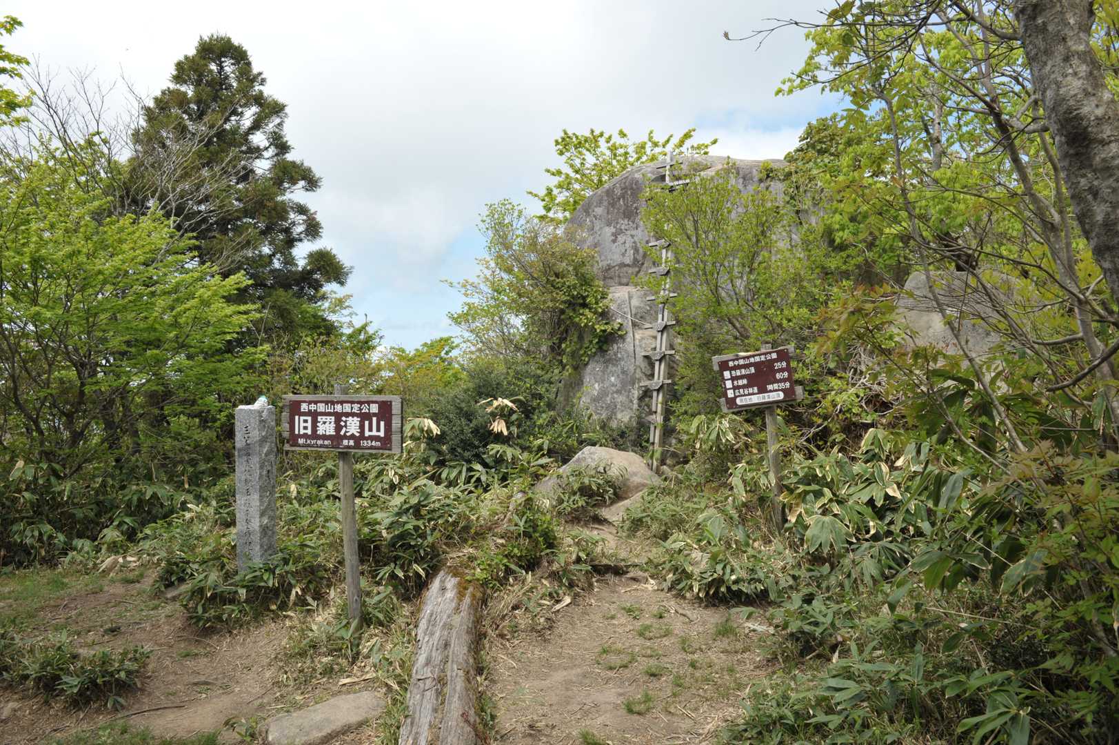 恐羅漢山から歩くこと約20分。旧羅漢山に到着しました。
展望は岩の上から。
グラグラのはしごを登ってみます。