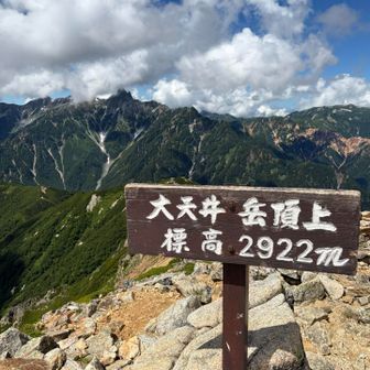 大天井岳山頂、槍の穂先がギリギリ