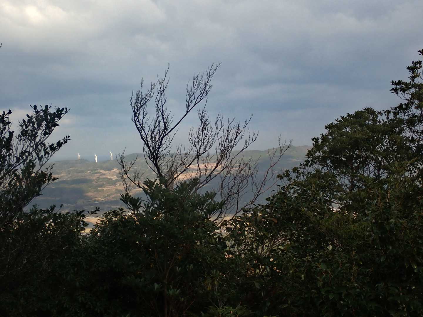 向津具半島方面。風車と雨乞岳が見えます。