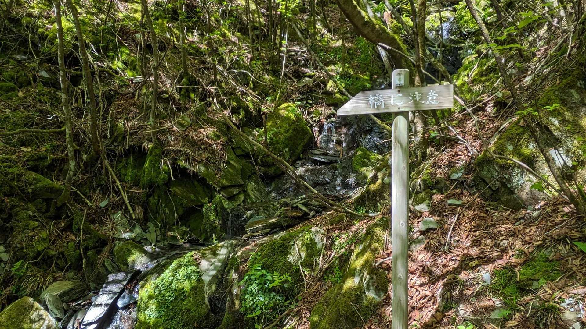 ２つ目の橋の手前に「橋に注意」の看板