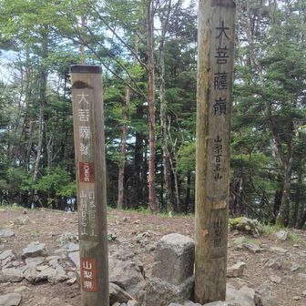 大菩薩嶺到着
日本百名山と山梨百名山の山頂標識
去年も来たから挨拶程度で…
(雷岩でザックデポしてます😊)