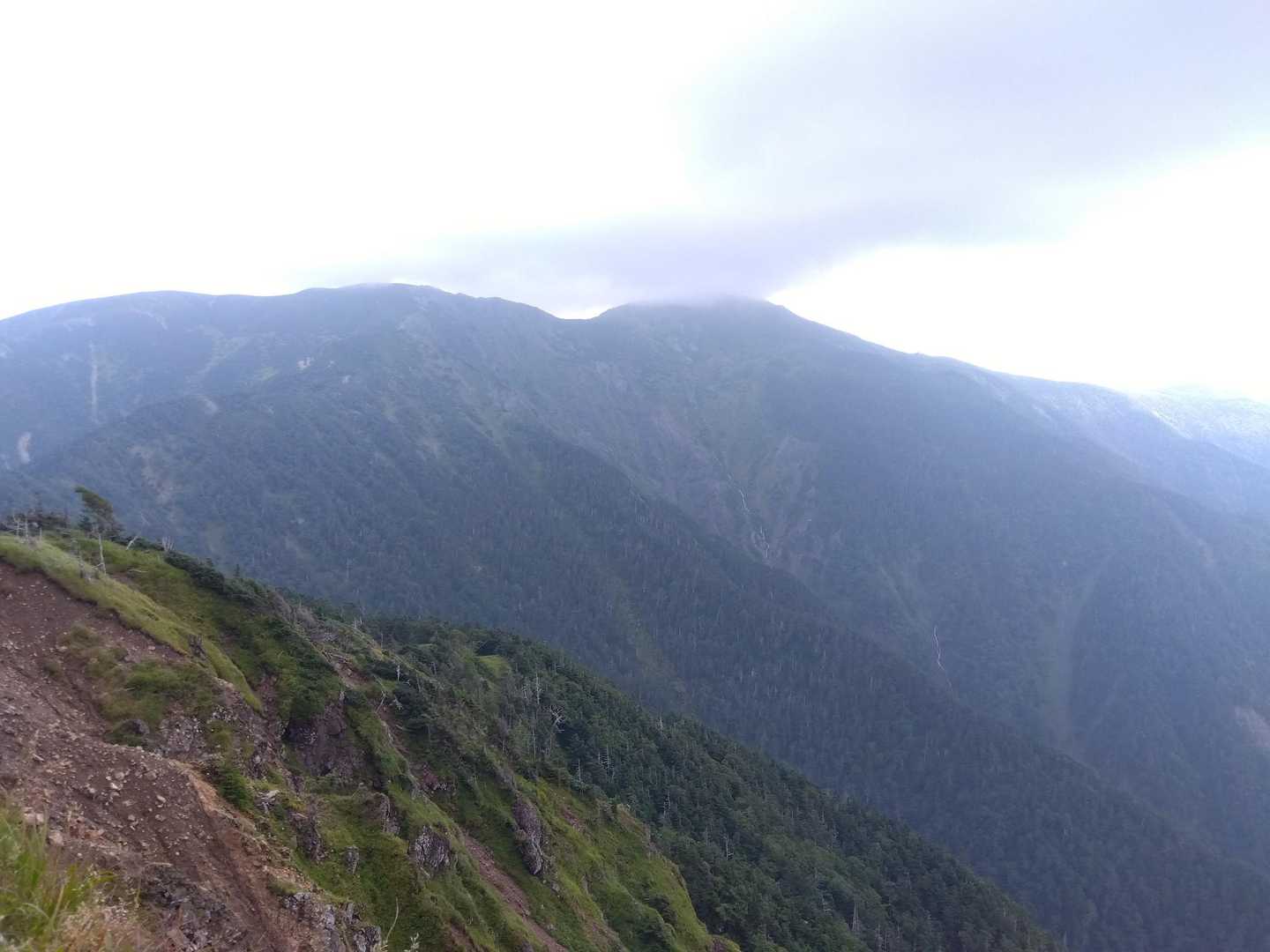 景色がやっと開けた。薊畑に到着。あれは南岳と上河内岳かなー？