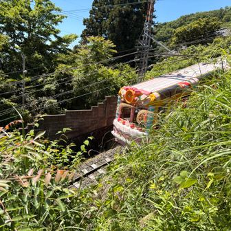 登山道の横をケーブルが通ります。架線があるケーブルカーは珍しい。