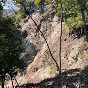 左に曲がる所を直進してしまい、いきなり間違える。
無実山からは、バリのような下り。
右手に崩壊地を見ながら下るので緊張が走る。