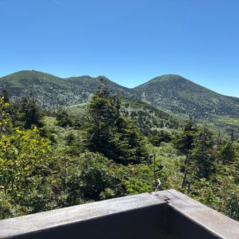ロープウェイ山頂駅展望台から赤倉岳井戸岳大岳を望む