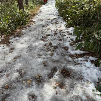 さぁ腹ごしらえも済んだので山頂へ向かいます！残雪が凍結しているので安全面を考慮してチェーンスパを装着して行きました