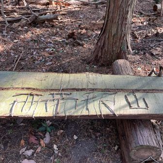 幾つもの目で山頂プレート探したけれど見つからず、復路時ベンチに小枝で記してみた