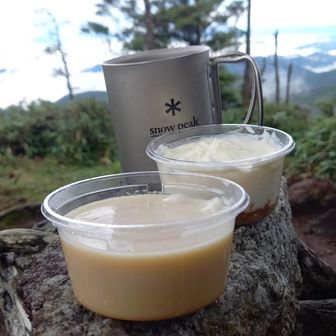 甘酸っぱいレアチーズケーキにあっさりきな粉プリンの組み合わせ。スペシャルなコーヒー付き。
微かに見える山々を眺めながらスイーツ×☕はサイコーでした