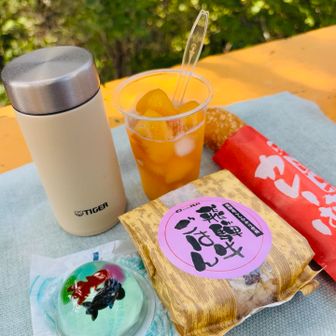 アイスコーヒー・プラム入りシロップ・金魚ゼリー・道の駅で買った飛騨牛ごはん🍙とカレーパン
持っててよかった