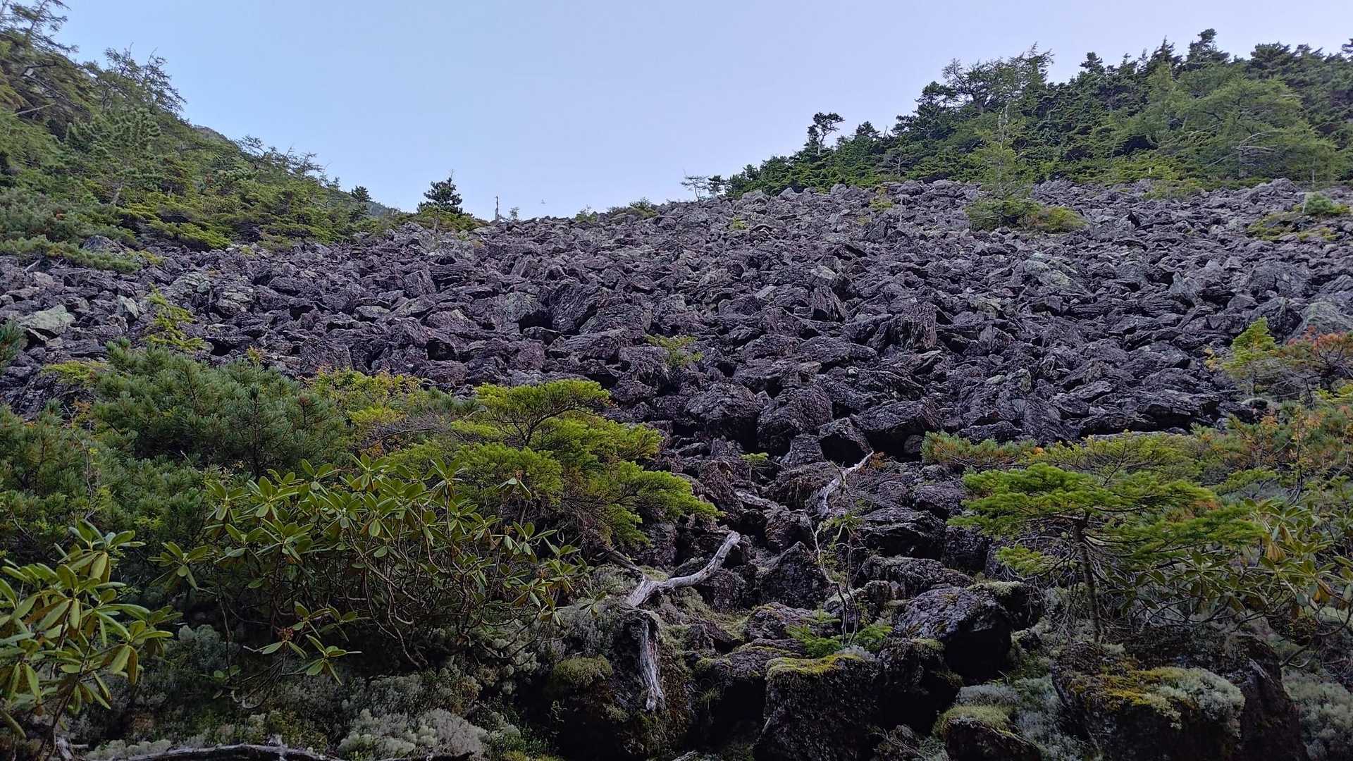 甲斐駒ヶ岳へ向かう道中、岩でゴロゴロした斜面。