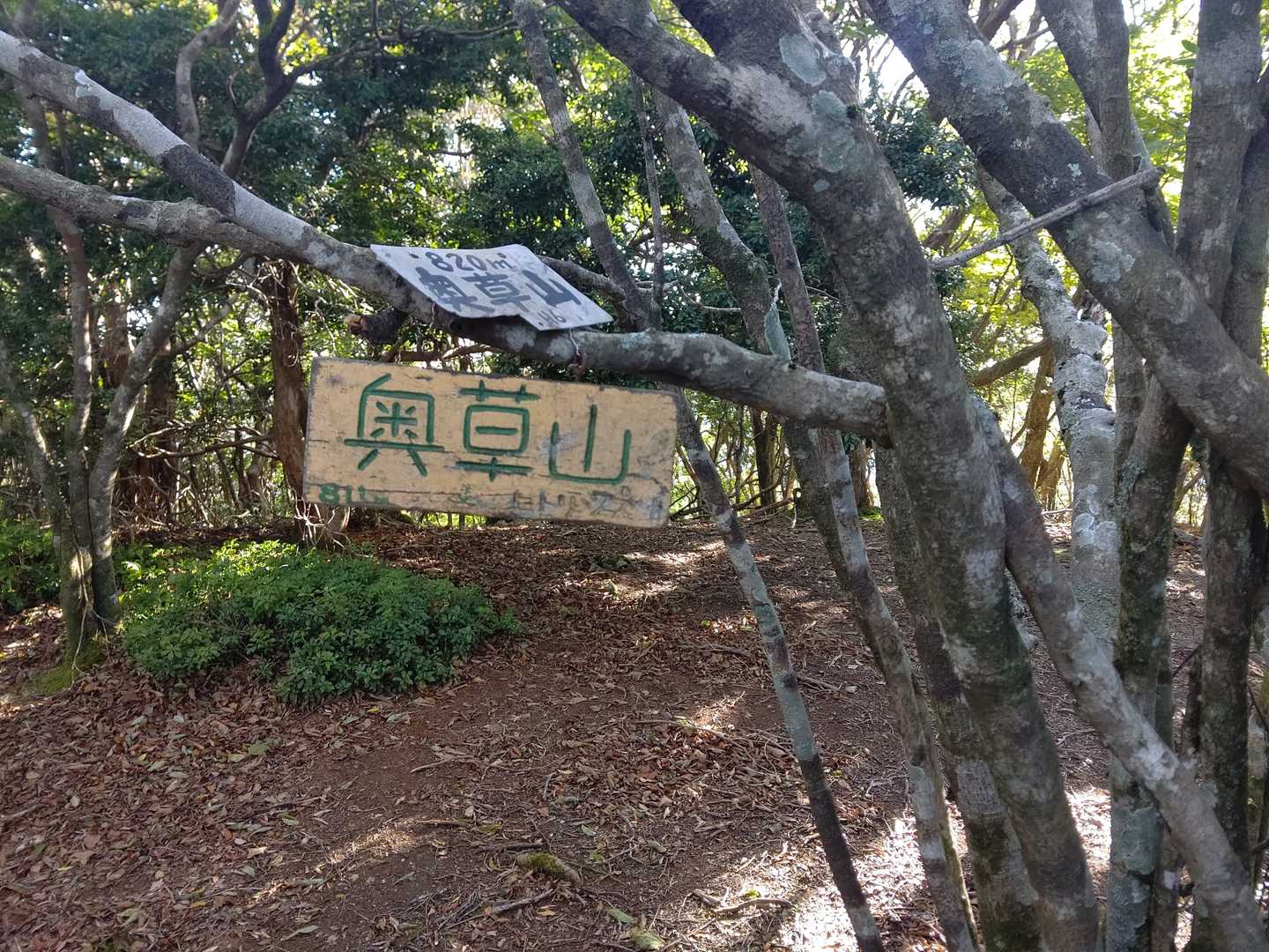 続いてすぐに奥草山に到着✌
山頂が広くてプレート探しに手こずりました😅
下のプレート、少し南にある西山と同じデザイン❗
製作者はおそらく同一人物でしょう🤔