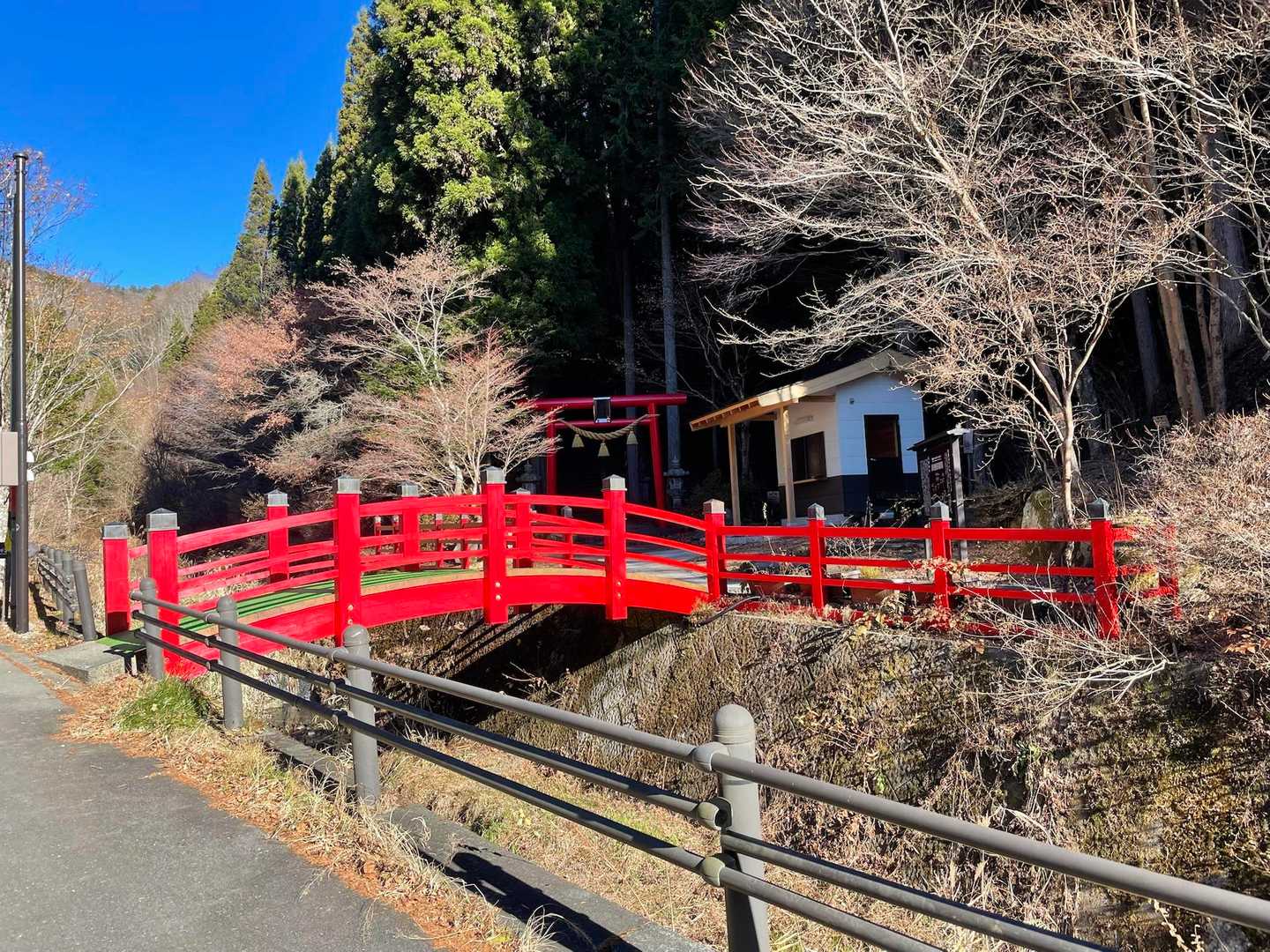 奥の赤い鳥居、参道がそのまま山道