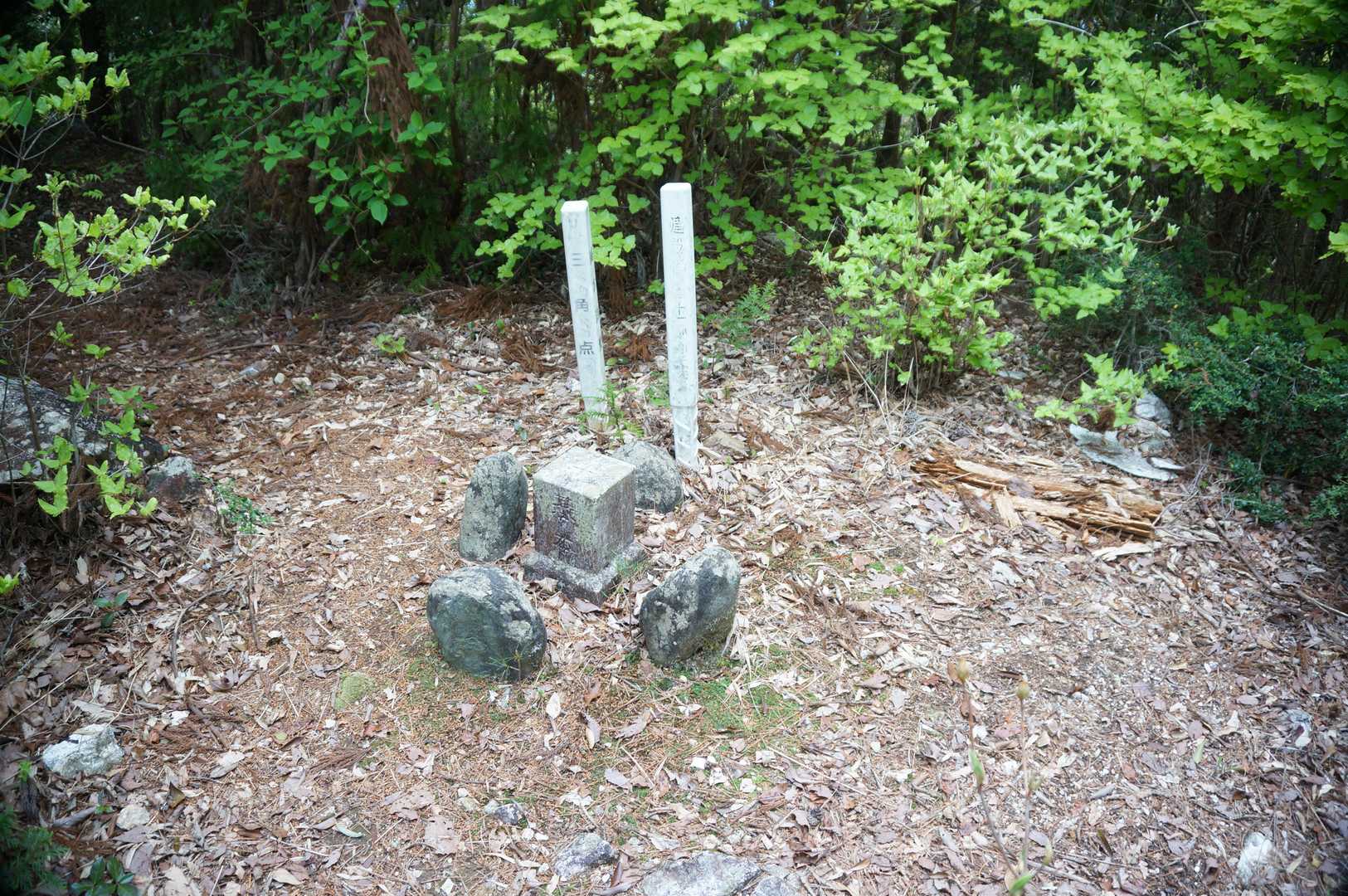 電波塔の下の草むらに隠れるように虚空蔵山の三角点がある。