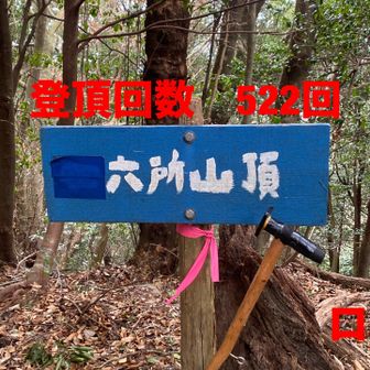 山頂に到着したぞ、山頂の看板と私の愛用の杖と，ツーショット。