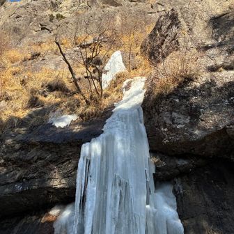 屏風岩から垂れ落ちる氷瀑、登山道もスケートリンクに
