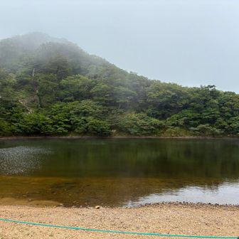 下山の前に最後にもう一度池を覗くと　いつの間にか風が止み　水面がピタリと鏡のようになっていた！対岸のブナ林が綺麗にリフレクションしていて　言葉を失うほどの美しさ　最後に最高の姿を見せてくれた