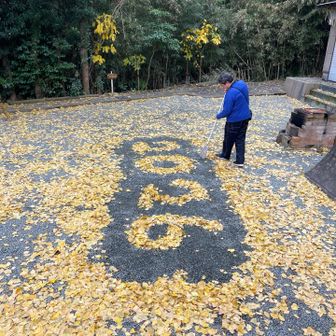 総代の方と少しお喋り〜
「インスタに上げるんです」と落ち葉アート作成中〜 あっという間に仕上がりました
カメラを向けると「法被着てくれば良かったな」とお茶目な総代さんでした🙂