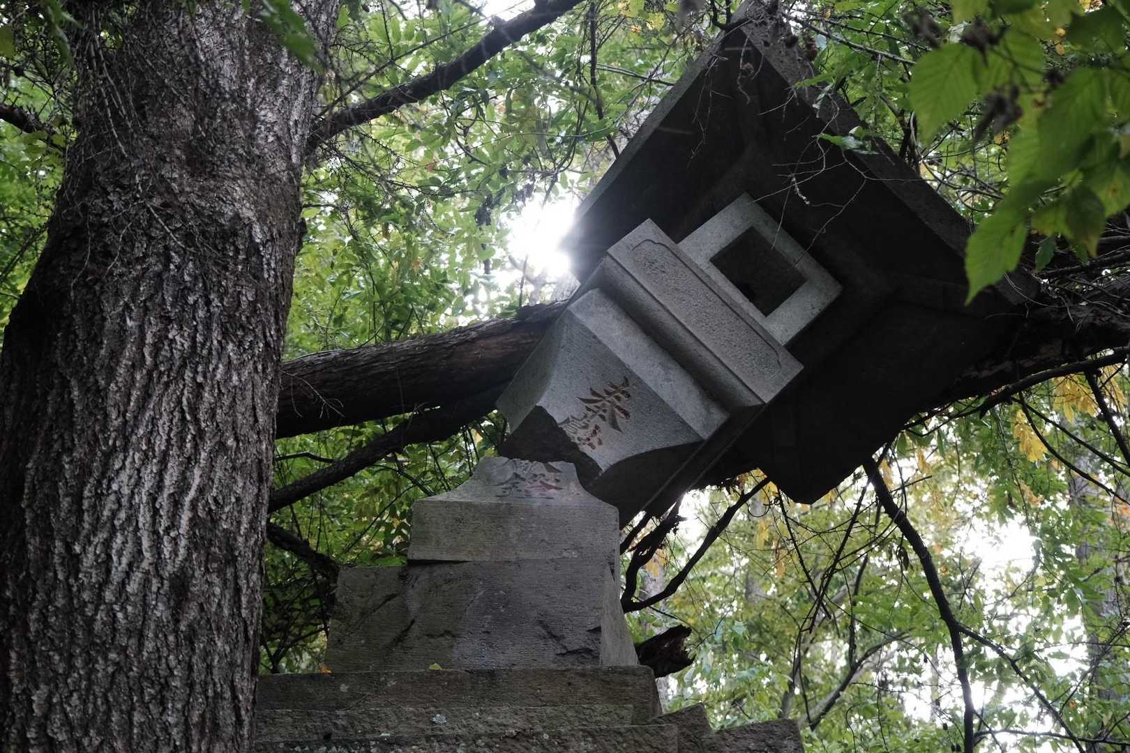 道はあまり手入れされておらず多数の倒木。
常夜燈がぽっきり。
皆神山を守る会とかないのね。

ヌマジ氏は撮影しながら。
先に行って神社を散策しよう。