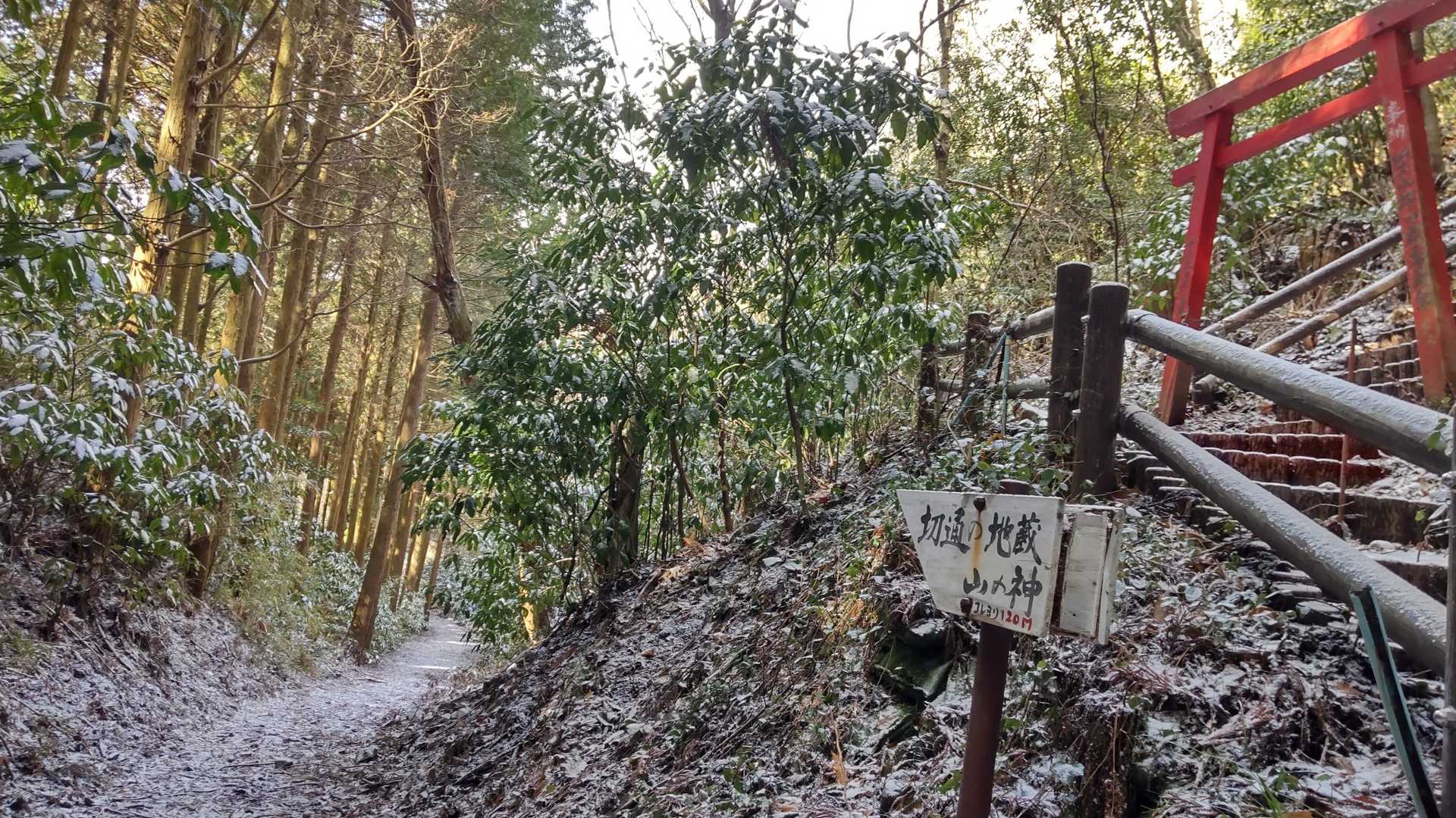 サラサラの雪が粉砂糖まぶしたようにうっすら😊右の階段を登り田子山稲荷から山頂へ向かう前に、以前来た時気になった｢切通の地蔵、山の神｣に寄り道する事に🎵