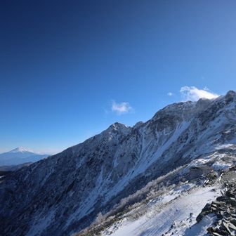 西農鳥岳は雪が舞っており風がありそう。