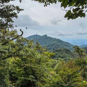 普賢岳の灯台と釈迦岳が見えます