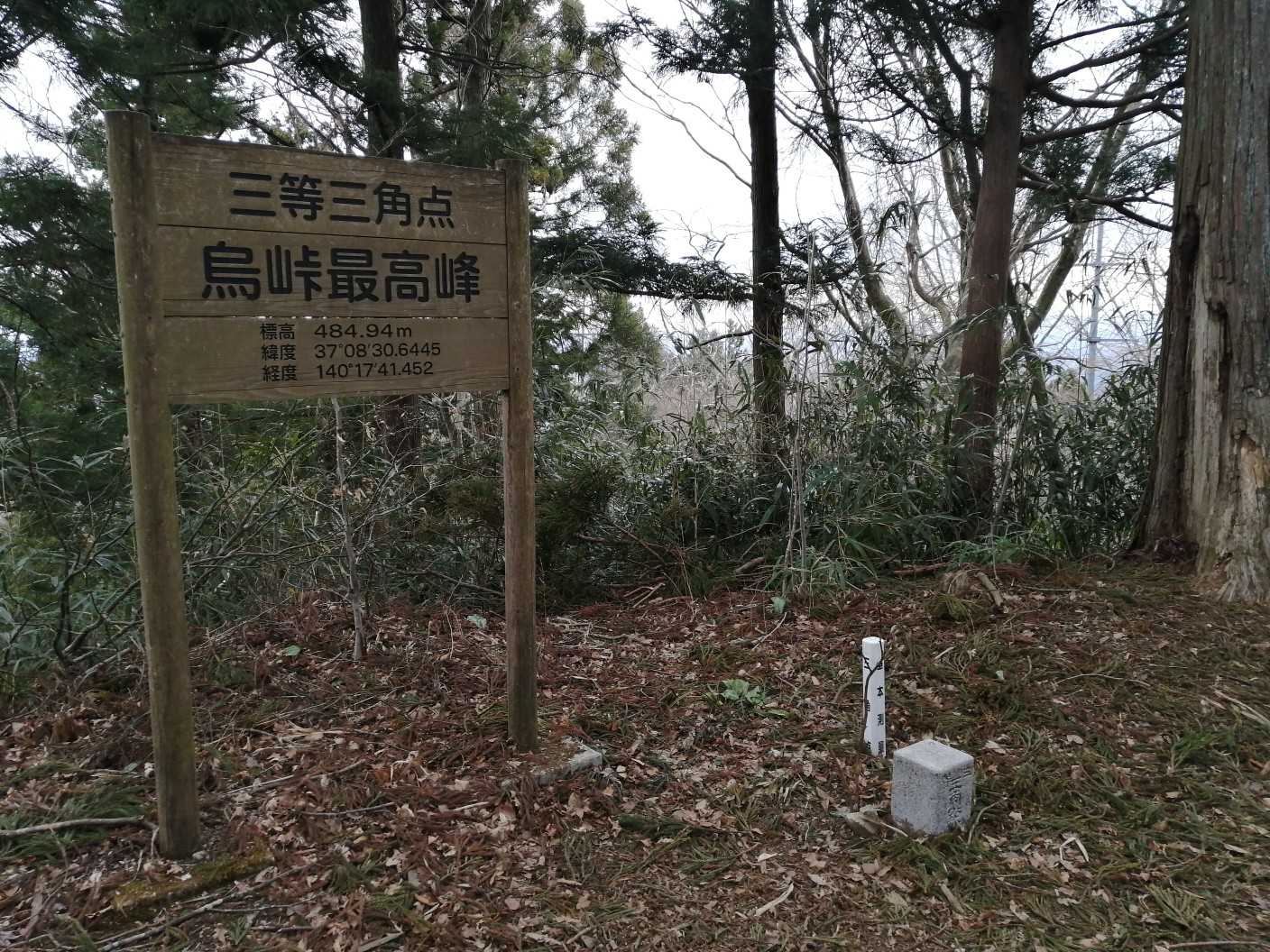 烏峠(485m)山頂。
神社本殿の裏に山頂標と三角点。