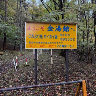 金湯館駐車場ここから日帰り入浴は、歩きです