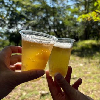 カンパーイ🍻
ビールじゃないよ！ジンジャエールにゼリーとパイナップル入れてフルーツポンチを用意してくれてた☺️
シュワシュワで冷たくて美味しかった〜😋