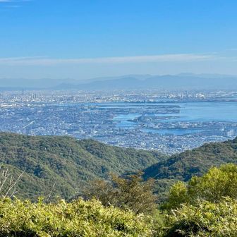 朝にあった低層の雲海は消えてます
街並みがハッキリと見えました
二上山 葛城山 金剛山の後方の大峯山系の山並みも見えてます
前日の強風（木枯らし1号）と放射冷却によって、空気の透明度が増したそうです
ここまでは、なかなか見れない眺望にワクワク🎵

あべのハルカスは、ひときわ高く、形が特徴があるので、直ぐに見つけられます
あべのハルカスのすぐ左は、心斎橋や難波（ミナミ）のビル
その左のたくさんのビル群は、梅田（キタ）や中之島の超高層ビル群が見えてるそうです
