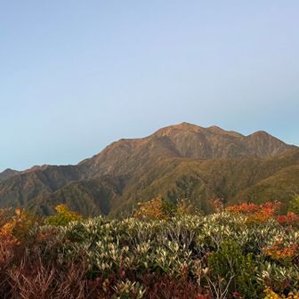 朝日に照らされて山肌と紅葉素晴らしい