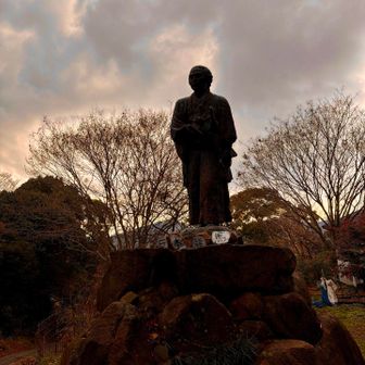 三座目、琴平山の登山口前にどなたか立ってらっしゃる？　　まさかの坂本龍馬　何故ここに？
ここを通り丸亀を向かったとされる道だそう
