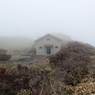 あった今夜のお宿🤩
なんとなく間抜けな顔に見える(お世話になるのにそういうことを言わない)
三嶺ヒュッテ、無人の避難小屋。