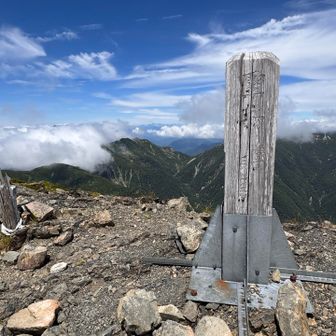 山頂標識。左側に槍穂高が見える