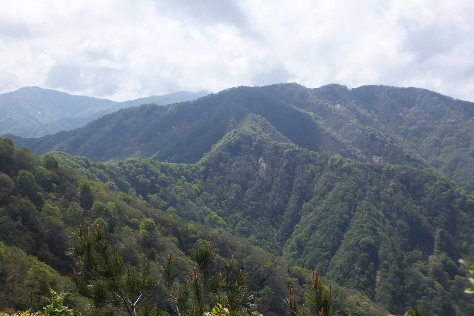 この後歩く尾根と火燈山。最低鞍部から一気の登りがきつい。