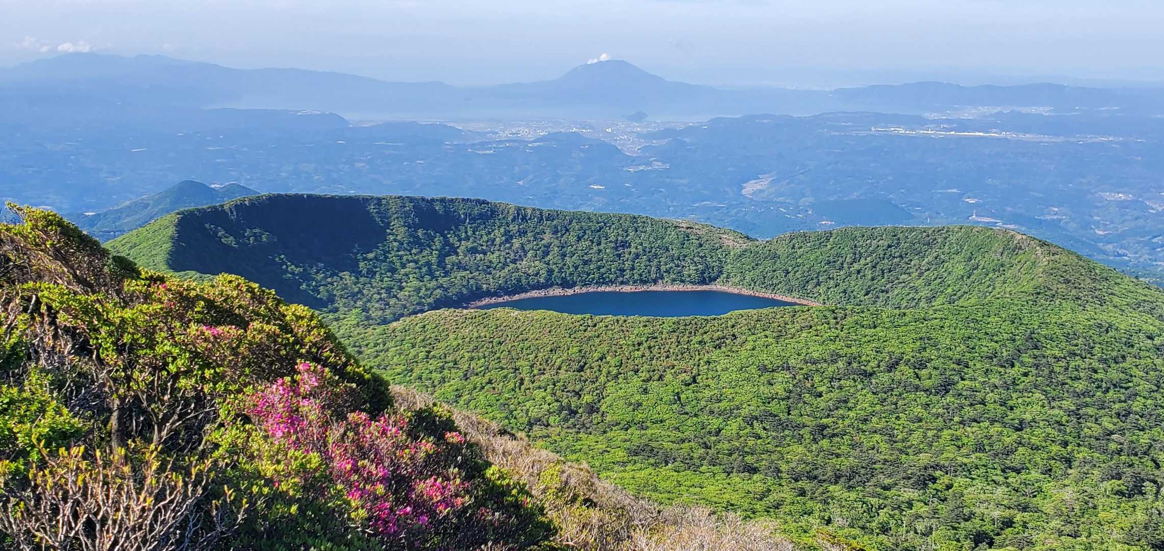 噴煙を上げる桜島
その手前に大浪池が見える❗
ミヤマキリシマも✨