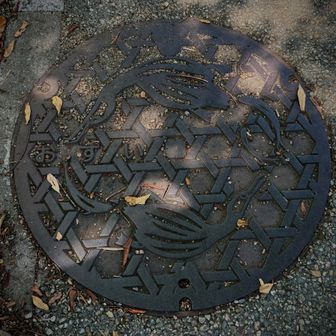 岐阜市マンホール蓋
　
　鵜飼いのウとアユが描かれている