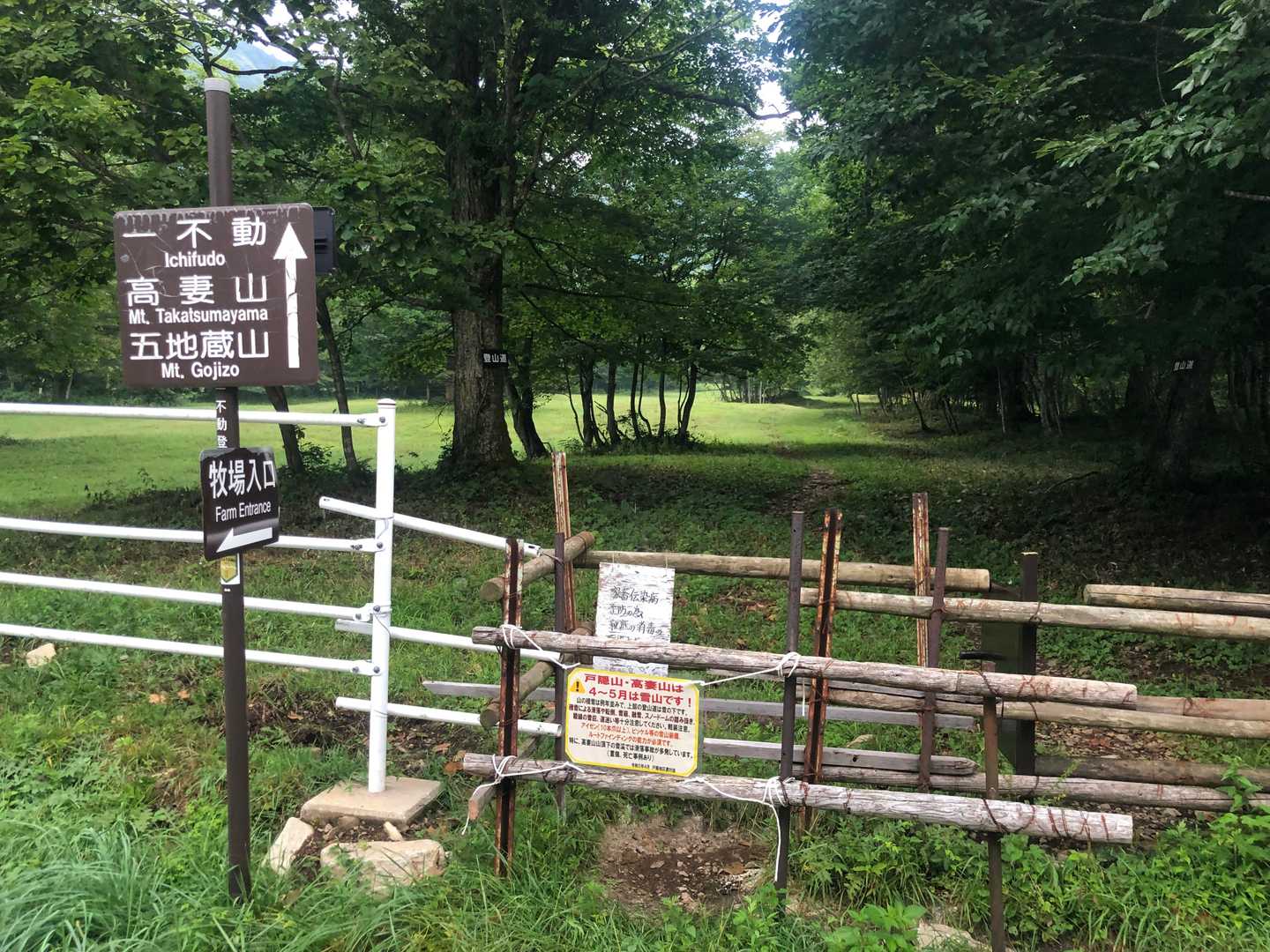 牛の脱走防止用の柵を越え、一不動登山口から入山

