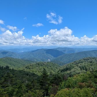 山頂からの眺め。結構遠くまで見渡せる。北アルプスは流石に見えないけど。のんびりとしたかったが昼から天候が崩れるとのことで早々に下山開始。