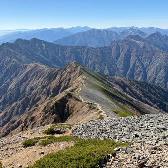 振り返ると布引山から爺ヶ岳、針ノ木岳と後立山南部の山々が見えます
奥には槍ヶ岳、穂高岳
