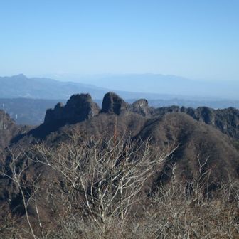 谷急山から裏妙義をふり返る。中央左から赤岩、烏帽子岩、丁須ノ頭。奥には榛名山、赤城山。