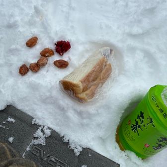 秀岳荘で調達した小さくて軽い座布団に座り、サンドイッチとクリスマス市で求めたキャラメリゼ・アーモンドで補給