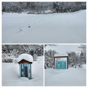 林道をフルに使って、1時間40分で夏場の駐車場に到着
先回の失敗登山より20分ほど遅い到着となりました。
積雪期は4回目ですが、山域案内要図も電話BOXも、ま～る見え！
これまたレアな光景ですね。
この後、スキーのハイカーさんが降りてきて、山頂までは行かずに、枝藪が酷くなってきて、降りてくるのが大変かと、林道？（登山道だと思います。）の切れ目までで引き返した、って言ってました。
たまたま同行した、もう1人の方は、そんな事をものともせず、ガンガン進んで行ったらしい