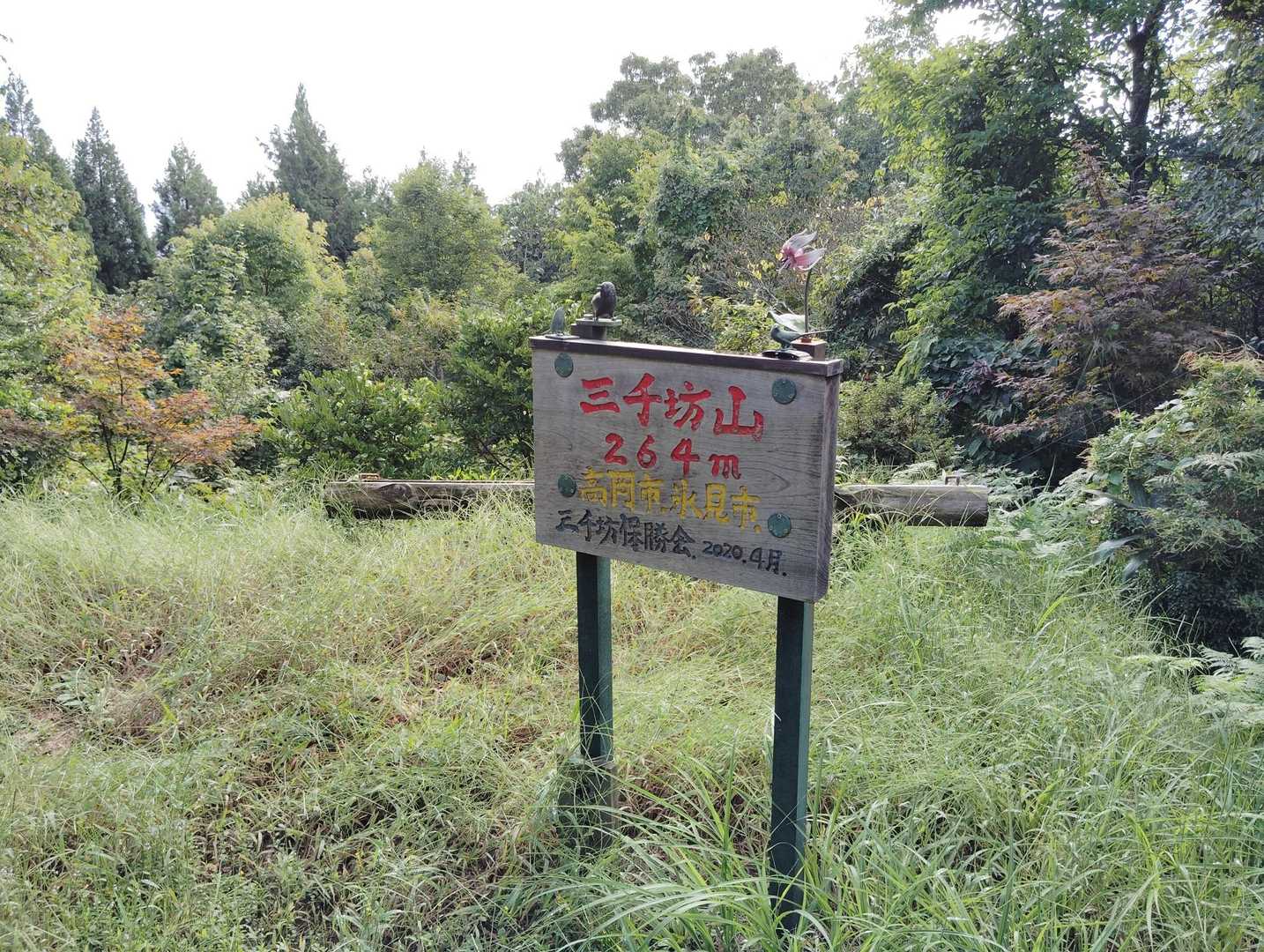 山頂標識。ウグイスとカタクリ